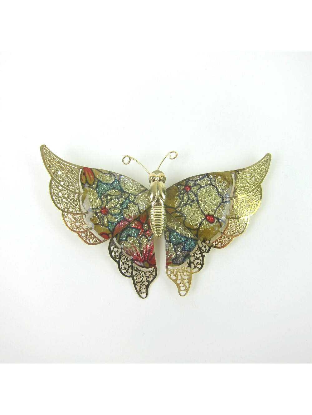 Vintage Butterfly Pin Brooch Gold tone Open Work Red Blue Glitter Enamel Flowers